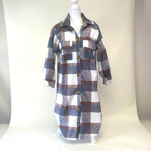 NXH Jackets & Blazers - NXH Gray & White Bal-Collar Four Pocket Button-Up Coat